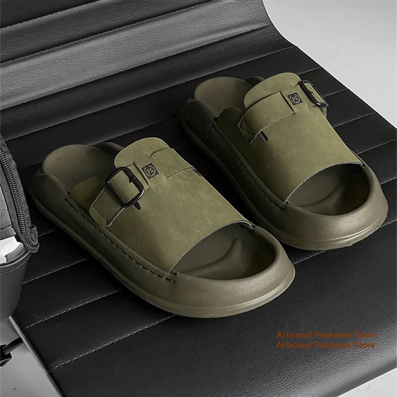 Sandalias de Plataforma con Hebilla Ajustable y Punta Abierta para Hombre, Color Verde Militar, Suela Gruesa, Aumentan la Altura, Zapatos de Playa