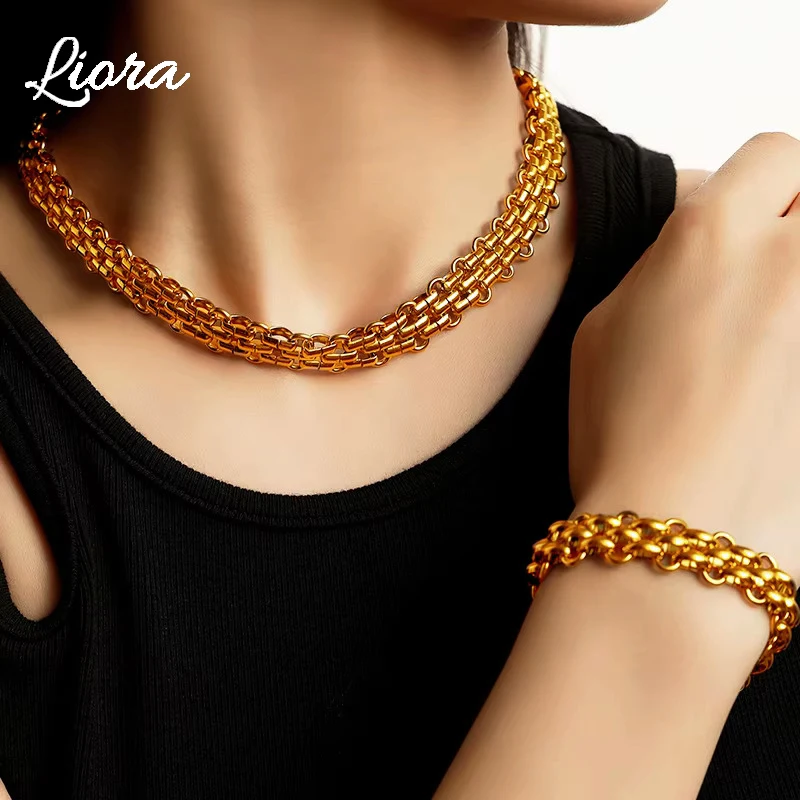 

Liora Stainless Steel Mesh Chain Necklaces Bracelets For Women Men TO Clasp Thick Chunky Waterproof Braided Chain Jewelry Sets