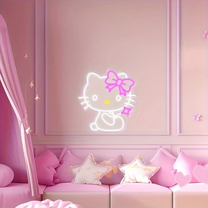 

Неоновая вывеска Hello Kitty: светодиодный светильник с желтым носом и розовым бантом, декор для стен детской комнаты, детского сада, кафе, USB, эстетичный светильник с регулировкой яркости