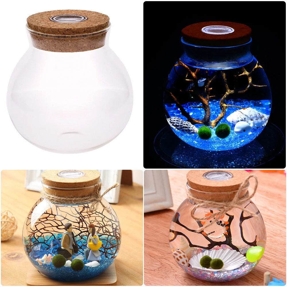 

11cm Round Glass Jar Globe Terrarium Glass Jar with Colorful LED Light Cork Micro Landscape Ecological Bottle Night Lights