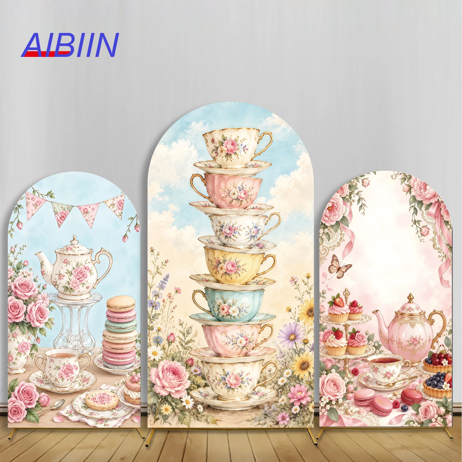 AIBIIN Tea Party Arch Backdrop Cover Floral Teacup Rose Girl Birthday Baby Shower Bridal Party Decor Photography Background