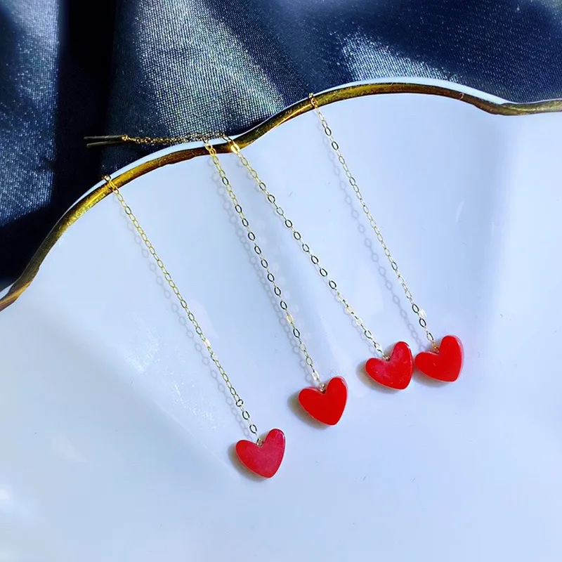 SMILE Real 18K Gold Little Red Heart Long Earline Suitable for Women's Fresh and Sweet Boutique Jewelry Gift E205