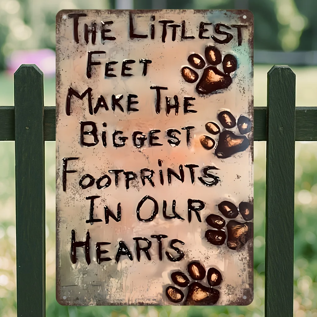 "Footprints Left in The Heart" Wall Decor - Distressed Dog Paw Prints and Heart Accents, Rustic Style Home and Garden Hanging