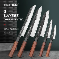 HEZHEN 5PC Kitchen Knife Set 3 Layers Composite Steel High Quality Rosewood Handle Cooking Tools Slice Knives