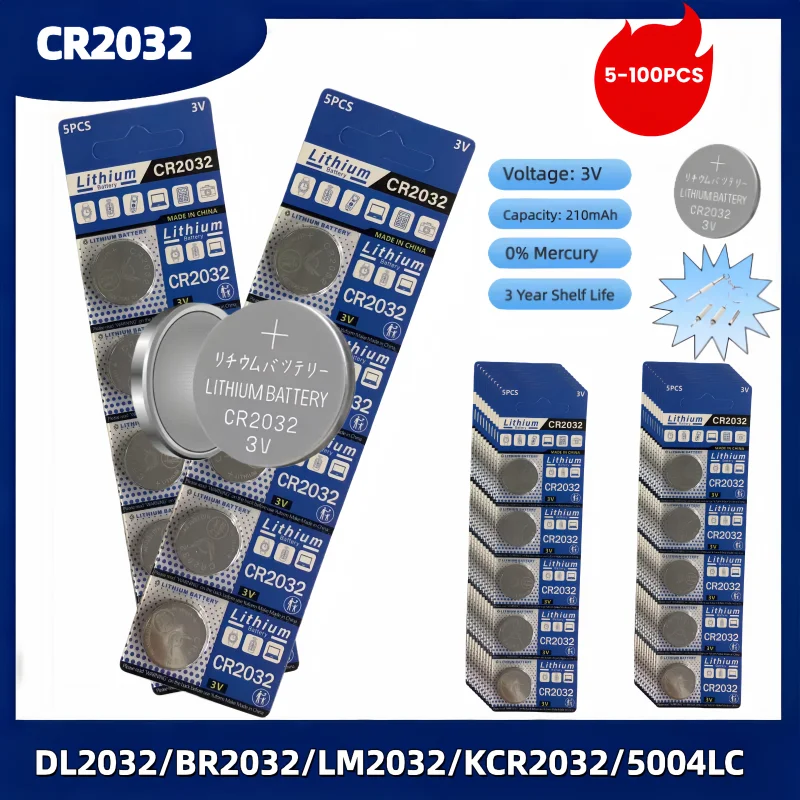 5-100PCS CR2032 DL2032 ECR2032 3V Batteria al litio a bottone 200mAh per orologio Chiave auto Giocattoli di controllo remoto Calcolatrice Celle a bottone