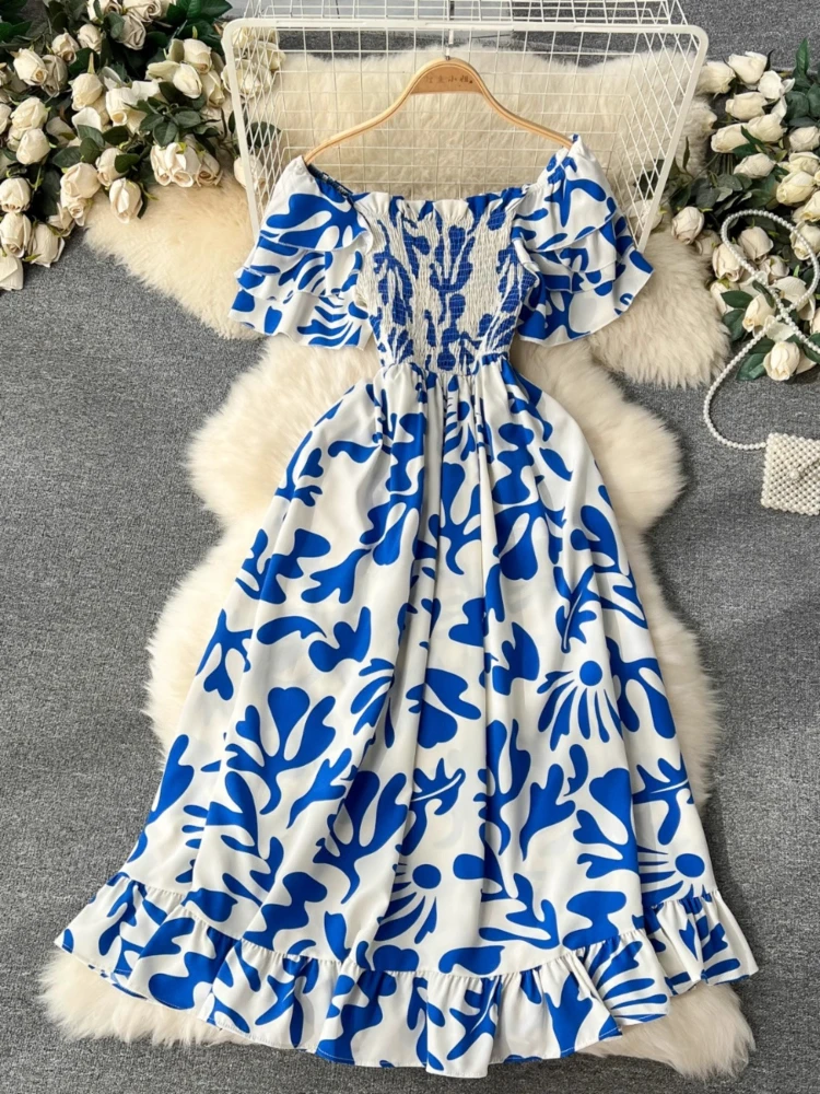 princess polly baby blue dress Neva Navy Blue Floral Print Off-the-Shoulder Maxi Dress