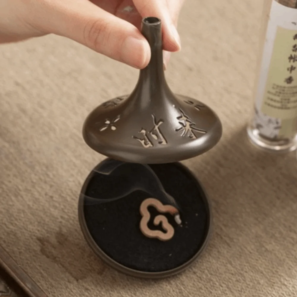 Chinese-style Retro Conical Gyroscope Incense Burner Openwork Calligraphy Vertical Incense Holder with Pad Removable