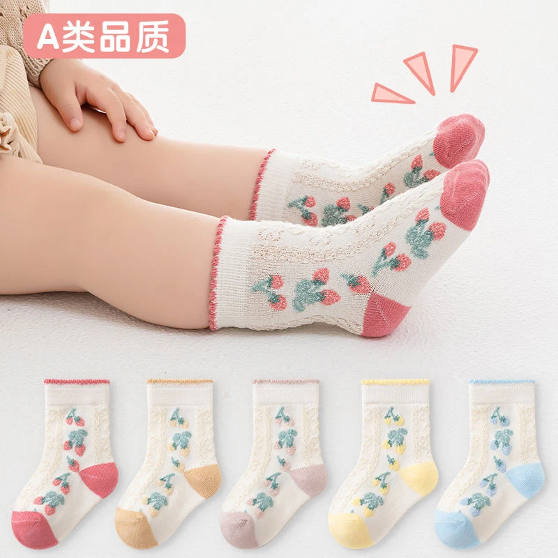 5 Pairs/lot 0-3Y Baby Socks Spring And Autumn Pure Cotton Loose Mouth Cute Middle Tube Fruits Pattern Newborns Sokcs