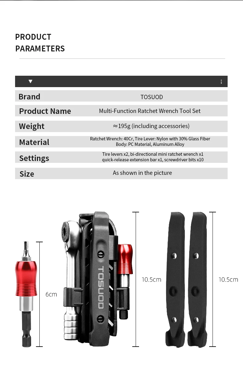 TOSUOD 1/4-Zoll Zwei-Wege-Ratschenschlüssel-Set, Mini-Ratsche & Schnellverbindungsstangen, Faltbares Fahrrad-Reparaturset, S2-Bits & Reifenheber – Detail 2