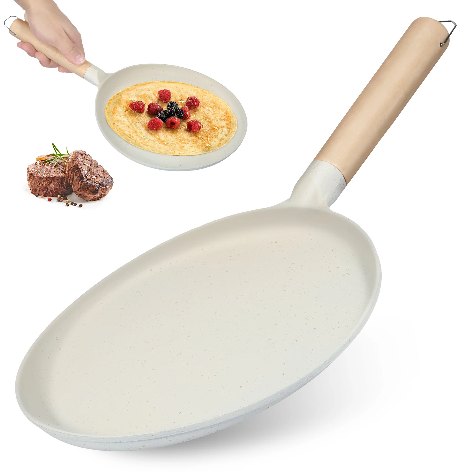 9.2in Crepe Pan with Wood Handle Nonstick Lightweight Pancake Flat Pan Durable Good Heat Conduction Tortillas Griddle Pan