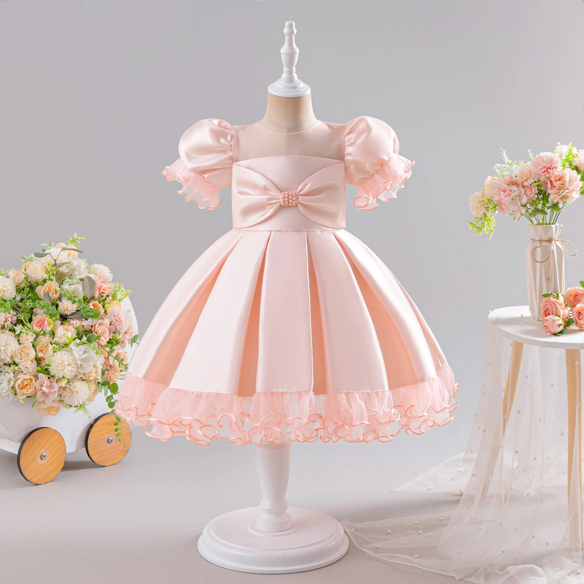 

Elegant Bow Party Girls Dress Puff Sleeve Flower Bridesmaid Birthday Princess Prom Dress Fashion Wedding Pageant Evening Costume