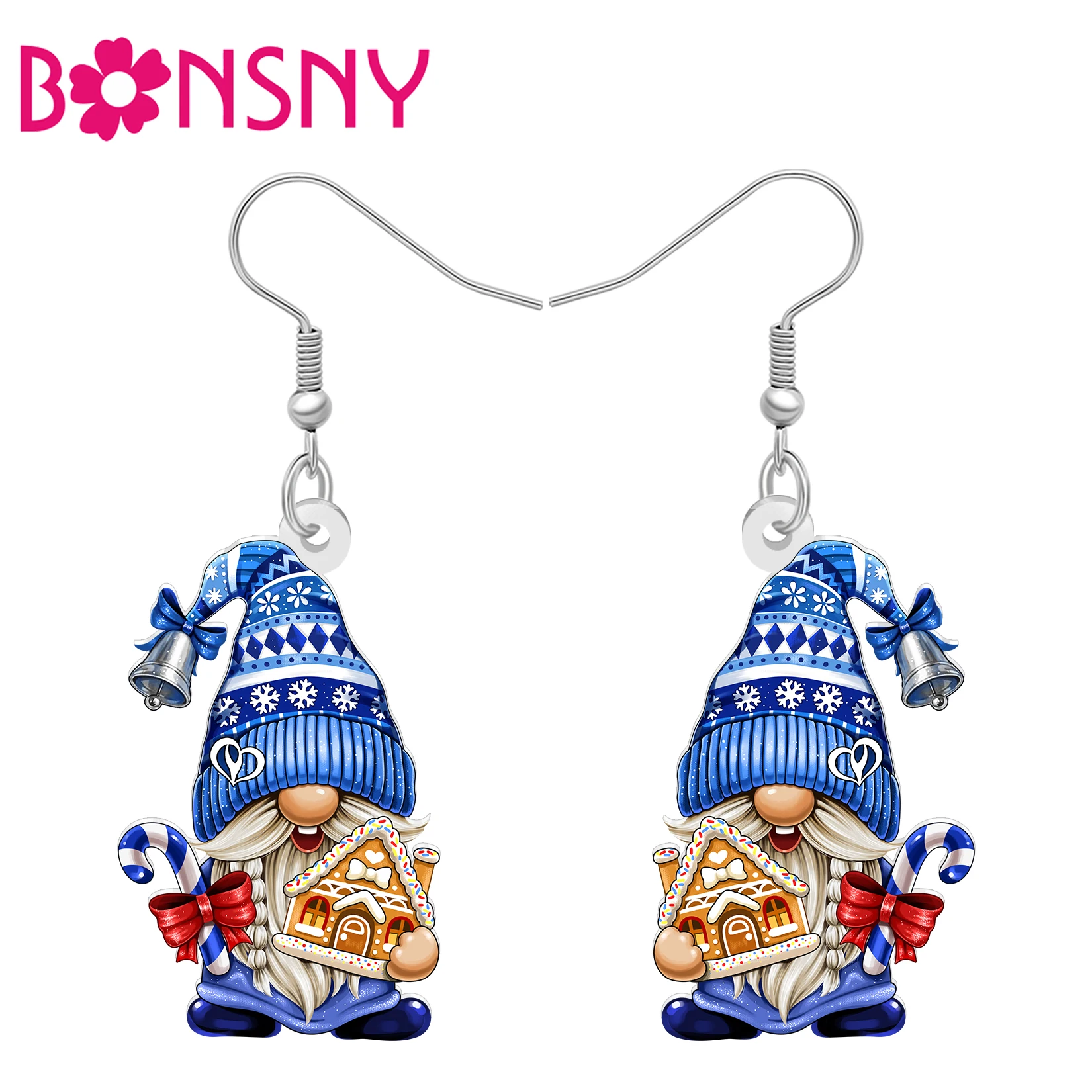 BONSNY Acrylic Christmas Gnome Dangle Earrings Candy Biscuit Cabin Dwarf Xmas Gifts Winter Holiday Jewelry For Women Girls Charm