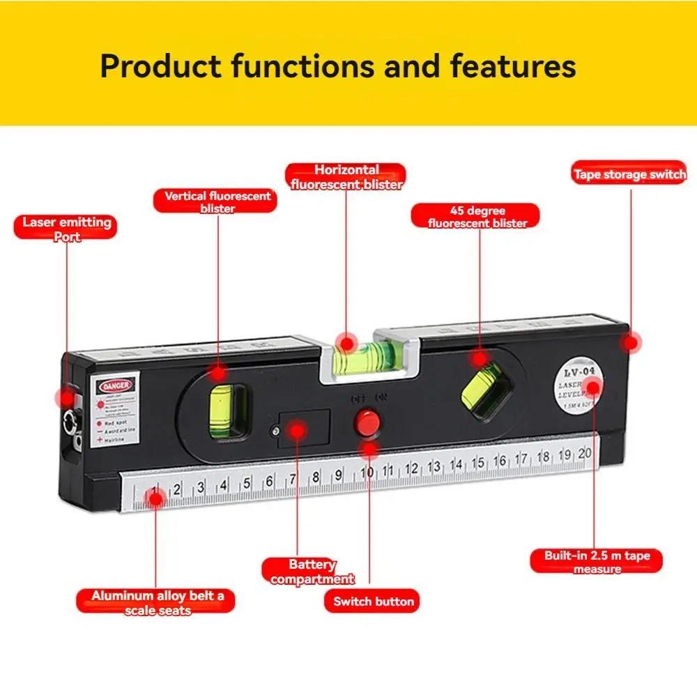 4 in 1 เลเซอร์ระดับปรับความแม่นยําสูงแนวตั้งวัดเทป Aligner ในตัว 2.5M เทปวัดเรืองแสง BLISTER