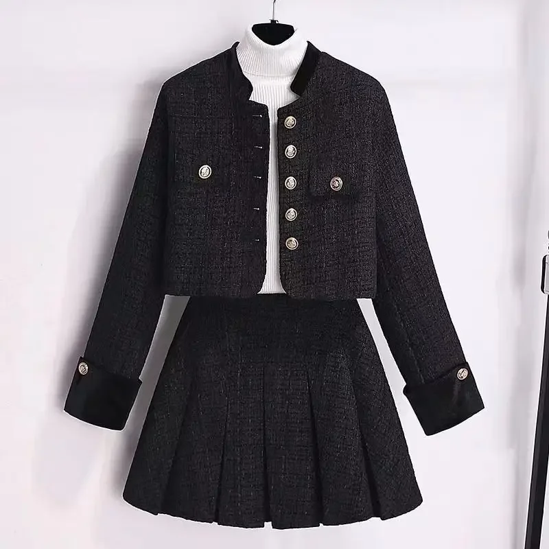 Lnsozkdg French Small Fragrance Suit Women Patched Plaid Coat Pleated Skirt Sweet Fresh Autumn Winter Advanced Two Piece Sets