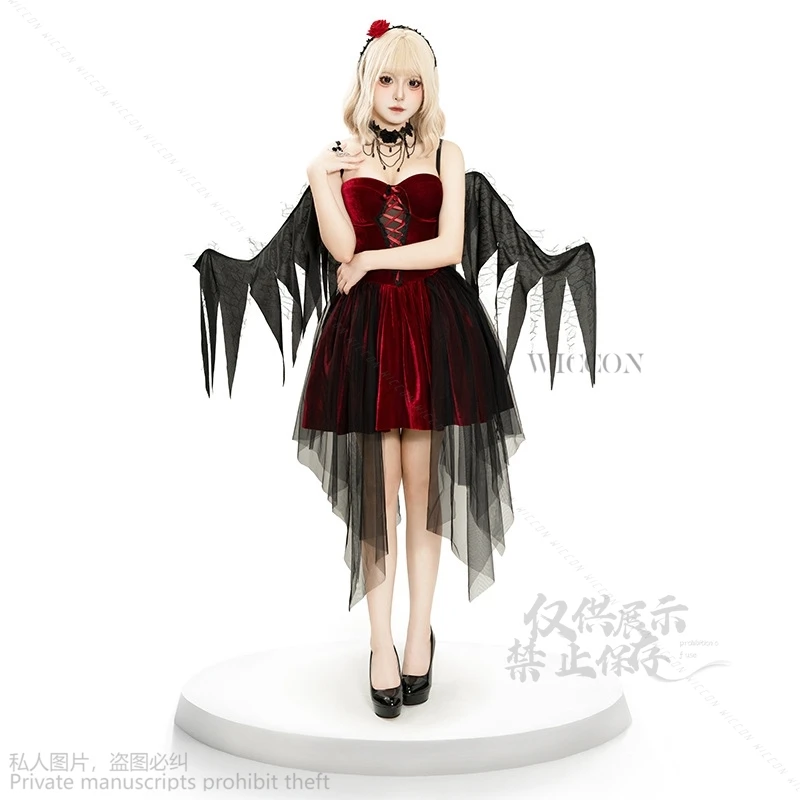 Anime Red Devil Cosplay Lolita Dress Dark Angles Roleplay Witch Cos Sexy Dark Red Leather Dress Women Halloween Costume Party