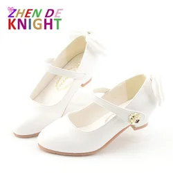 Children Party Leather Shoes Girls PU Low Heel Lace Bowtie Kids Shoes for Girls Single Shoes Dance Dress Shoe White Pink Black