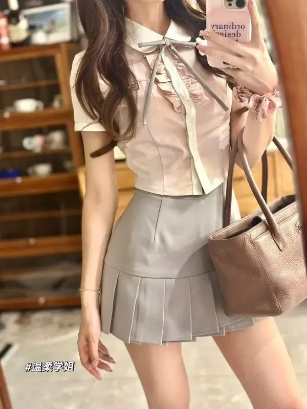 

Korean Fashion Preppy Style Two Pieces Skirt Sets Short Sleeve Slim Shirt Tops + High Waist A Line Pleated Mini Skirt JK Suit