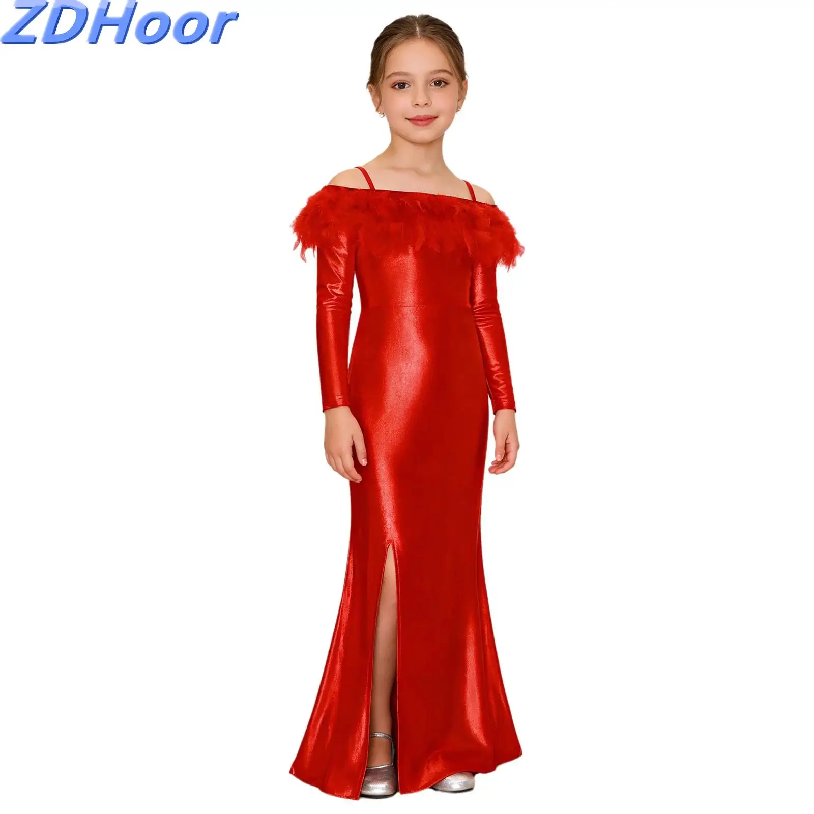 

Kids Girls Metallic Feather Formal Dress Off Shoulder Trim Mermaid Pageant Dress Long Sleeve Slit Hem Shiny Maxi Dress