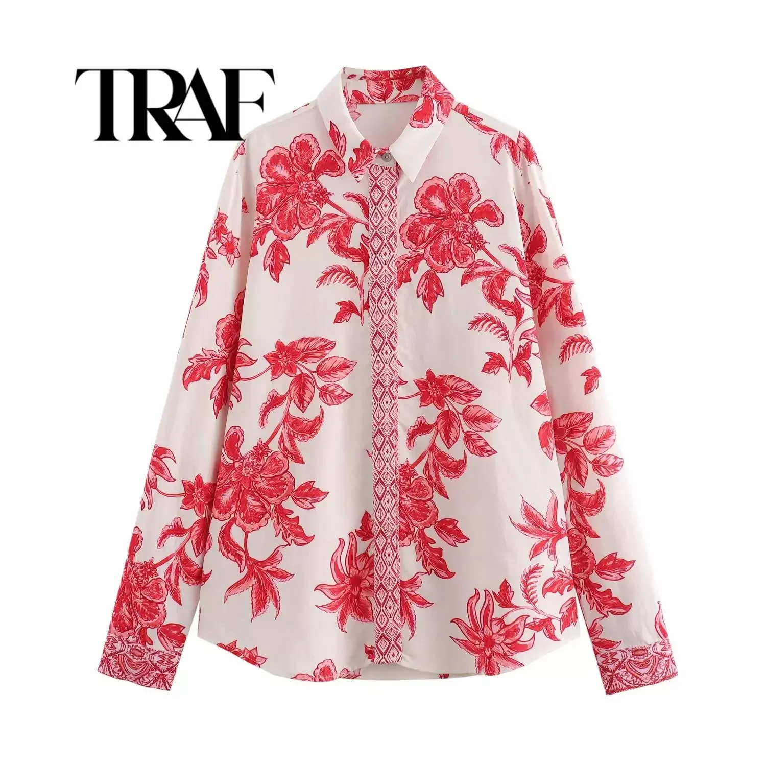 TRAF Women Shirts Floral Printed Blouses Long Sleeve Tops Summer Elegant Camisas Femme Casual Loose With Button Blusas Mujer