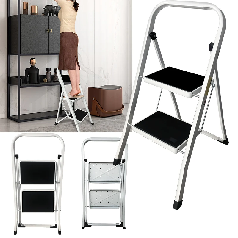 مقعد فولاذي قابل للطي بخطوتين قابل للطي ومضاد للانزلاق، سلم أمان محمول خفيف الوزن للمطبخ المنزلي