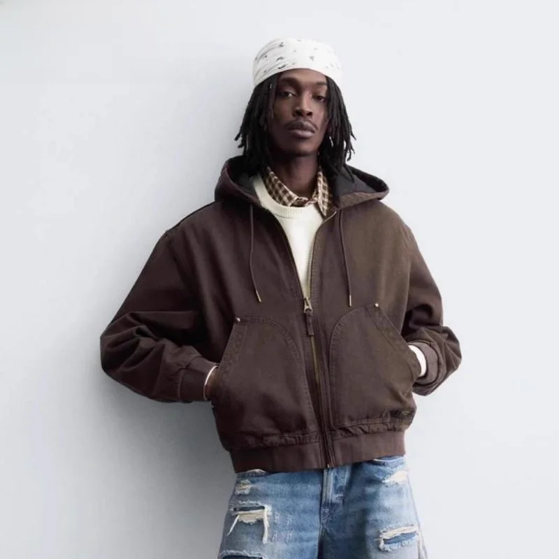 

New 2025 Men's Cotton Blend Loose Fit Hooded Waed Jaet Coat Youth Trendy Long Sve Regular Length for Work
