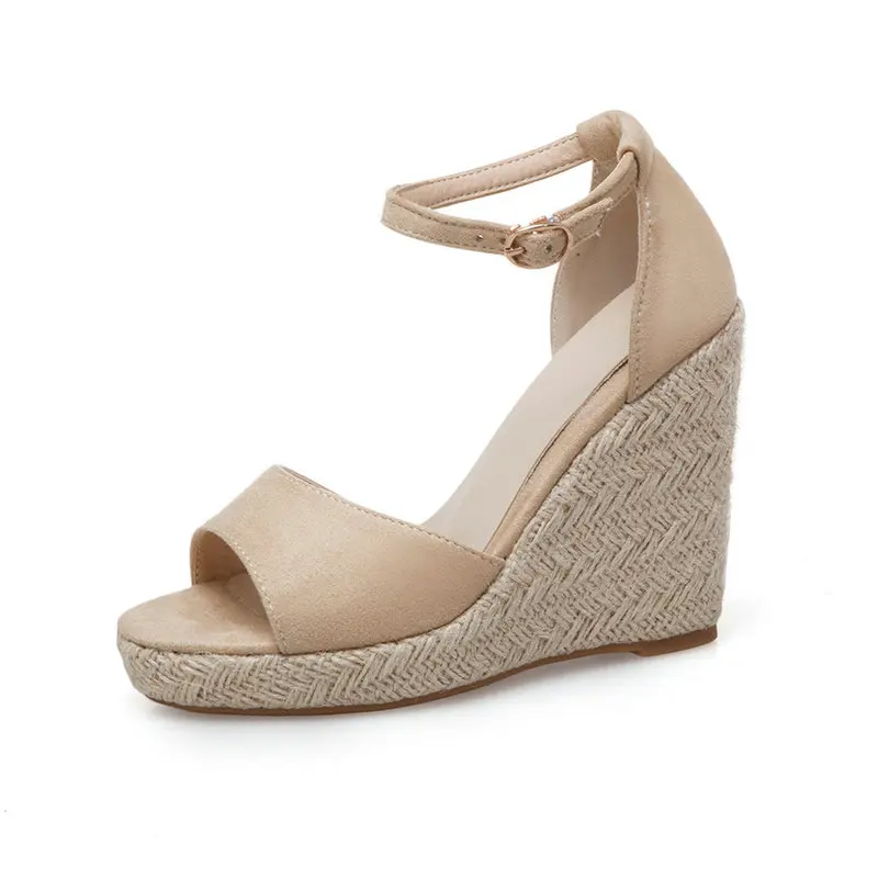 Flock Blue Army Green Nude Color Open Toe Classic Leisure Women Summer Shoes Espadrilles High Heel Wedges High Heel Sandals