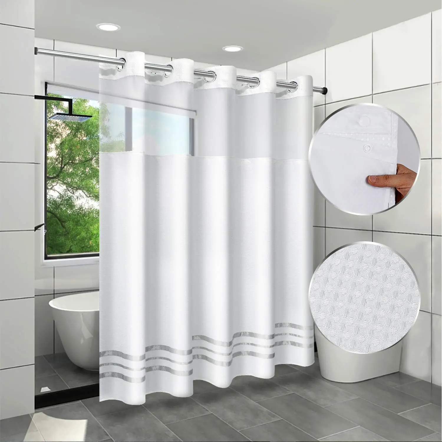 

Upgraded Shower Curtain Set with Waffle Weave Fabric, Hook-Free Removable Liner, 250GSM Machine Washable, 71x74 Inches in White
