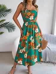 Msfilia Elegant Square Collar Summer Floral Dress Women Spaghetti Strap Long Dress Vacation Style