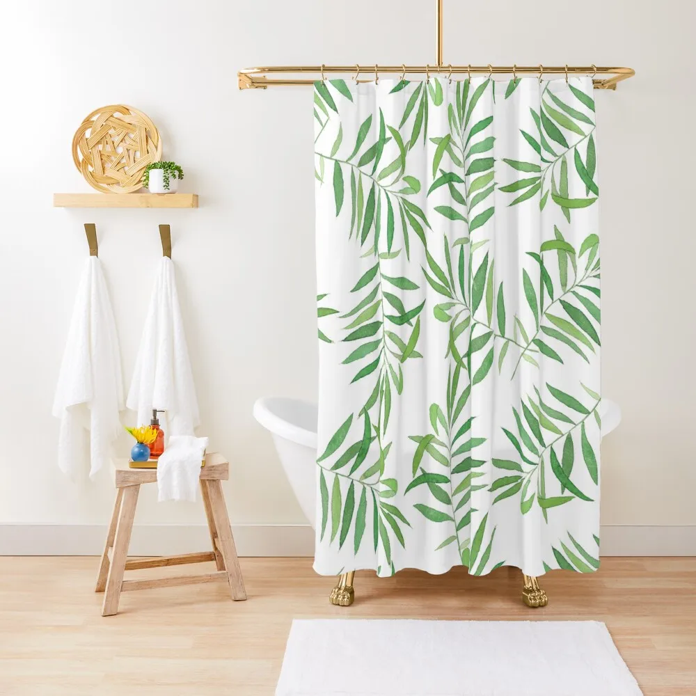 

Green & White Tropical Leaf Pattern Watercolor Leaf Summer Feel Shower Curtain Accessories For Shower And Services Curtain