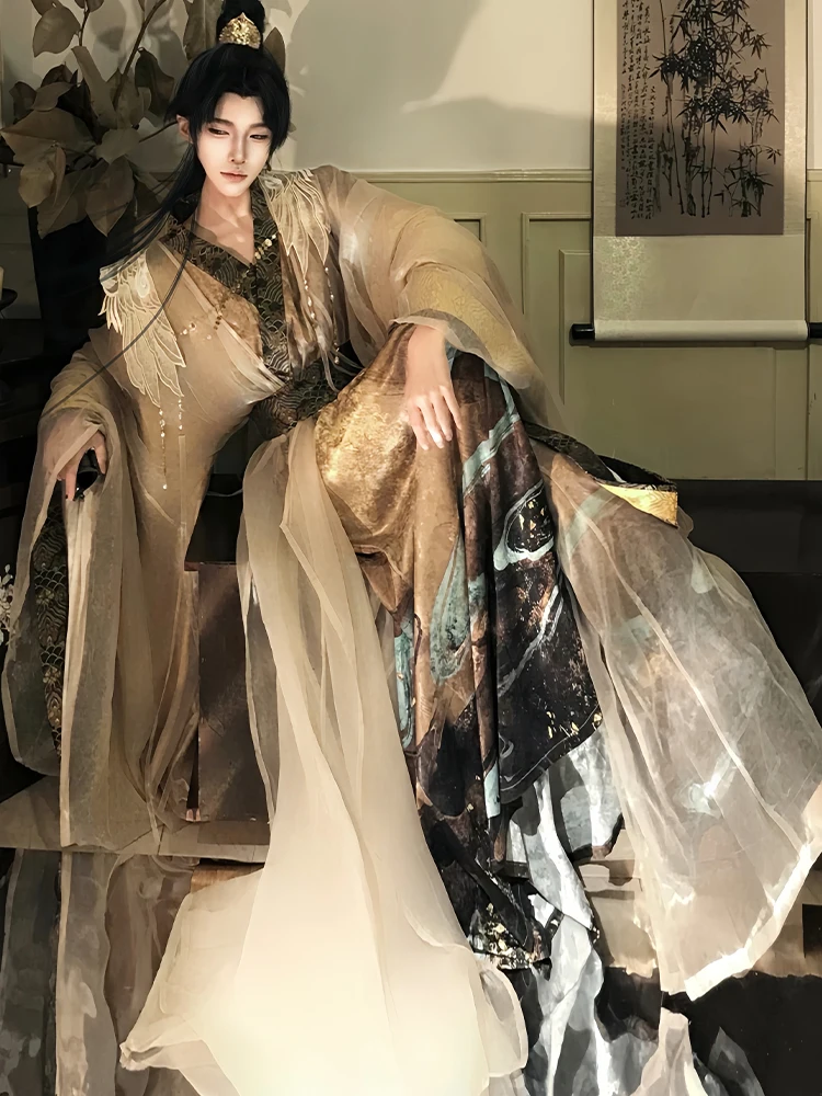 

Синьнань | Улучшенный комплект Ханьфу WeiJin с широкими рукавами и воротником, для мужчин и женщин, весна-лето, желтый, с прямым подолом, в стиле «Парящая фея»