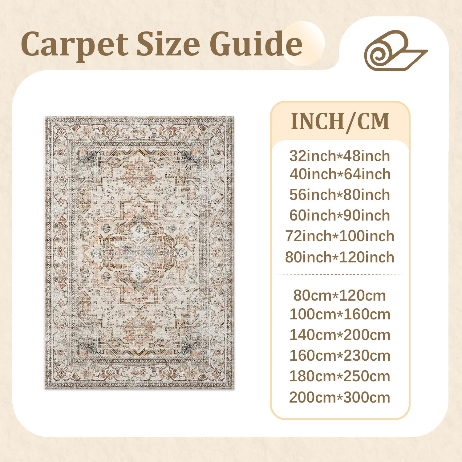 Large Indoor Area Rug, Soft Velvet Low Pile Rug with Non-slip Dotted Backing, Machine Washable Vintage Distressed Medallion Rug for Living Room, Bedroom, Neutral Oriental Accent Floor Rug