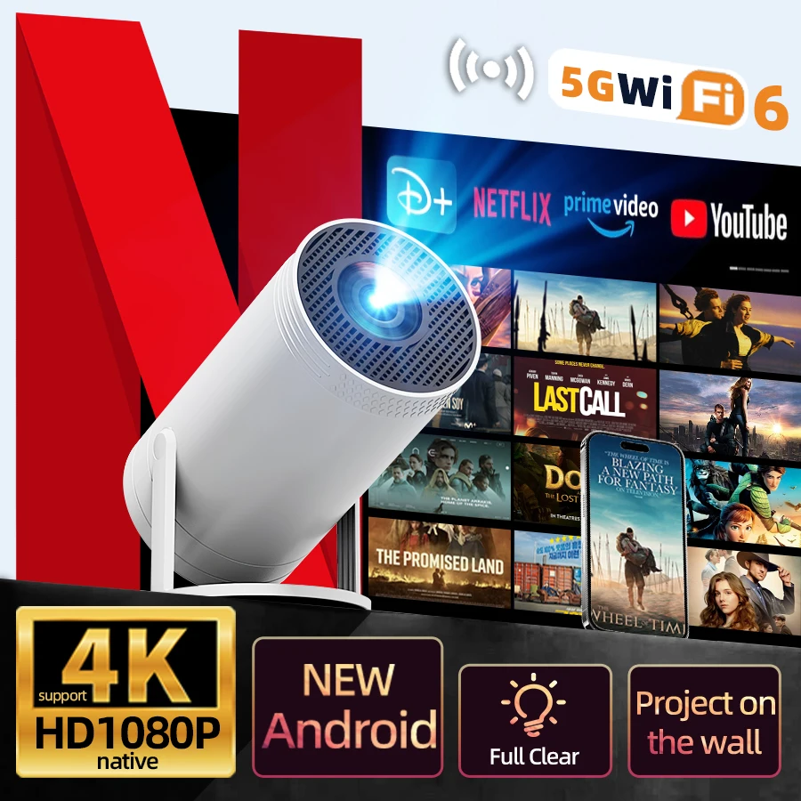 

4K home theater projector, built-in WiFi, screen mirroring from phones, no screen needed. Suitable for bedroom, student. Built-in Android system, speaker. Fast local shipping. Gifts for Mother's Day, Father's Day, and Children's Day, Valentine's Day.