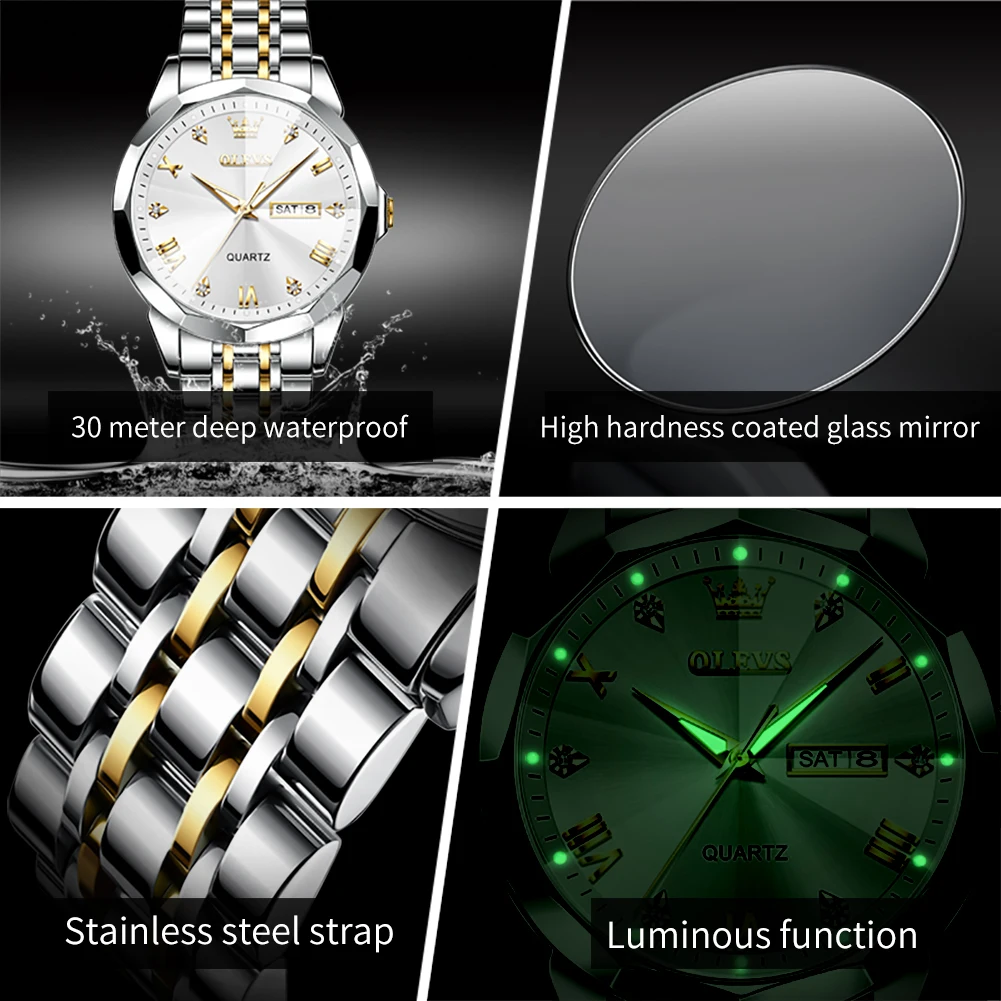 OLEVS New Men Watches Luxury Trend Quartz Clock Luminous Calendar Waterproof Round Diamond Shaped Glass Watch Stainless Steel