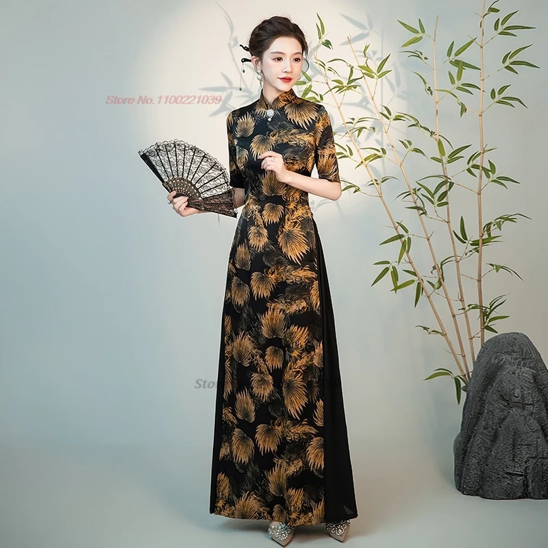 

2024 vietnam traditional dress aodai chinese vintage qipao national flower print improved cheongsam oriental folk a-line dress