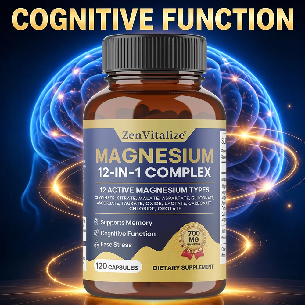 12-in-1 Magnesium Complex Capsules, Daily Supplement for Bone Muscle Cardiovascular & Nervous System Nutritional Support