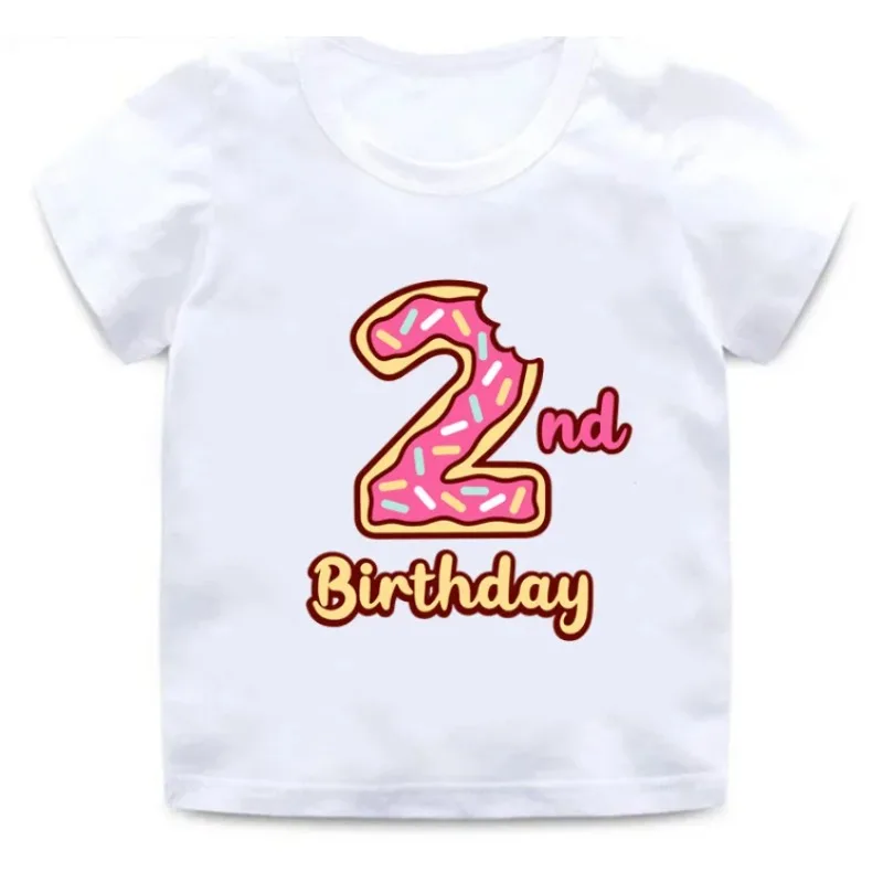 Cute Summer Donuts Print Girls Clothes 1 -9 Years Happy Birthday Number Bow Kids Short Sleeve T Shirt Tops