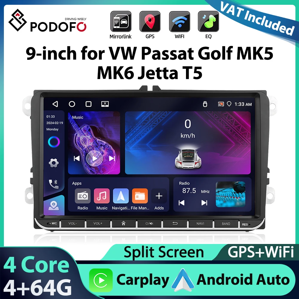 Autoradio Podofo 9'' 4 + 64G pour VW Passat Golf MK5 MK6 Jetta T5 Lecteur multimédia GPS Navigation Carplay Android Auto Audio de voiture