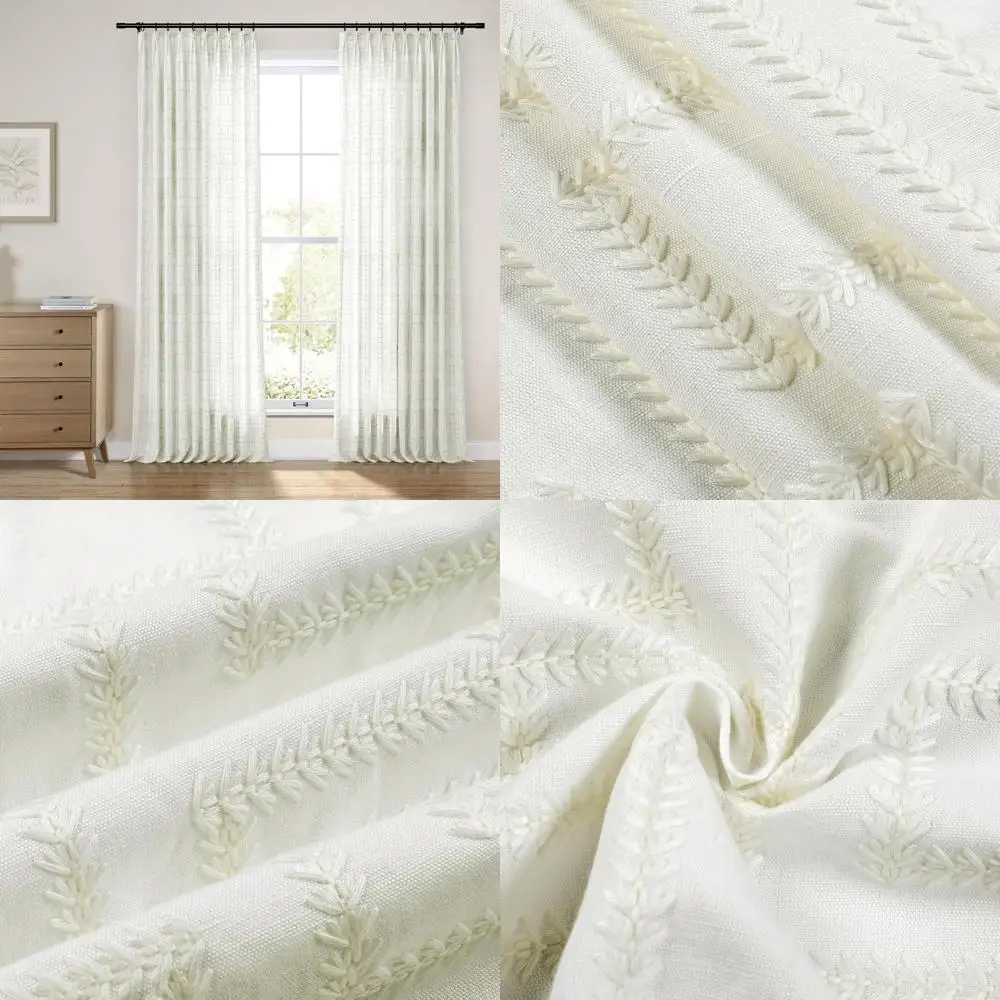 Semi-Sheer White Linen Curtains 90 Long for Living Room and Bedroom with Pinch Pleat Embroidery Design