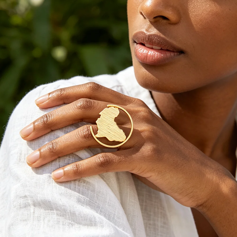 18K vergoldetes, gebürstetes Afrika-Karten-Design, offene Kreis-Ohrringe & Ring-Set für Damen, luxuriöse Hochzeits- und Party-Accessoires, Geschenk – Detail 7