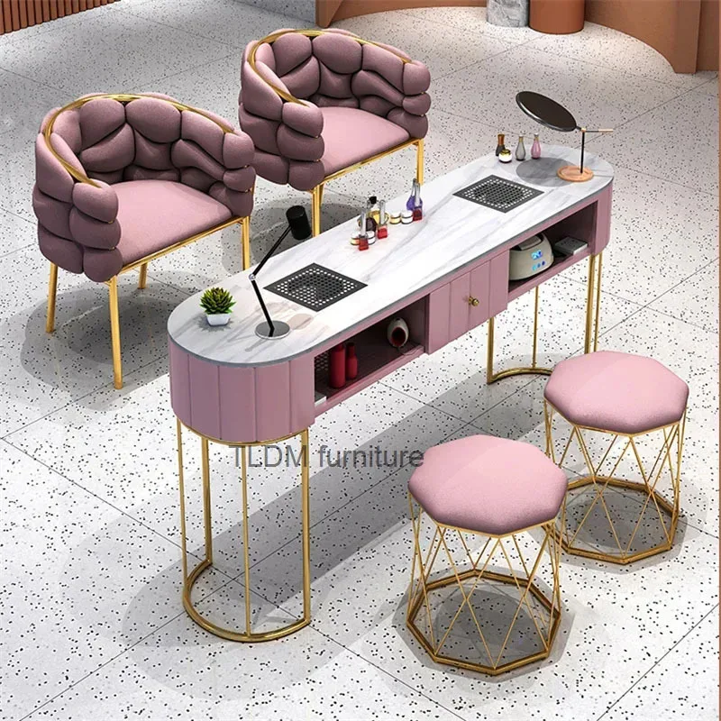 Nordic Marble Nail Tables for Salon Furniture Light Luxury Single and Double Professional Manicure Table Set with Vacuum Cleaner