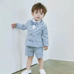 Lattice Boys Suit For Birthday Cotton and linen Thin Summer Little Boy Gentleman Outfit Formal Suits Children Coat Clothes Set