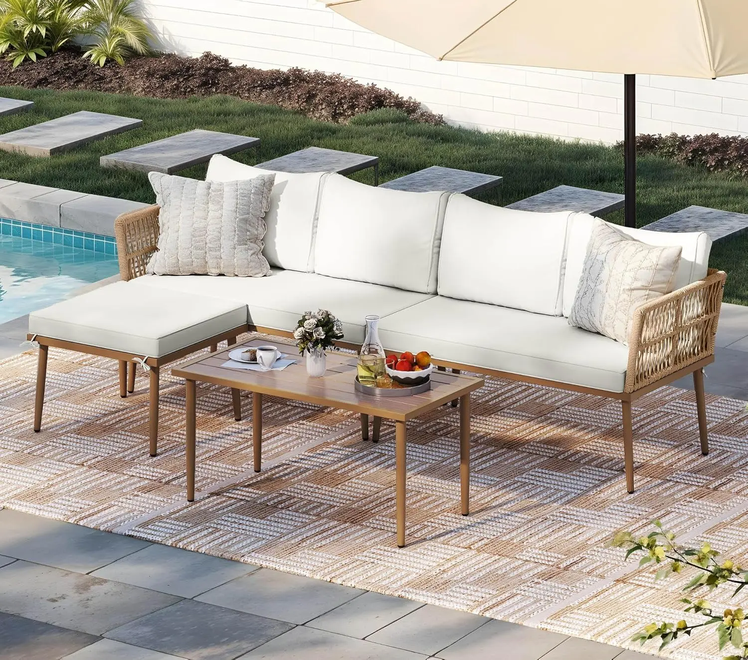 

6 Pieces Patio Furniture Set, L Couch Outdoor with Coffee Table&Washable Cushions, Outdoor Patio Sectional Wicker Rattan Convers