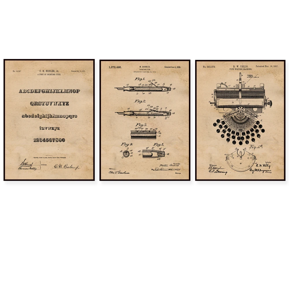 Vintage Pen, Writing Instrument Patent Print Poster Art Decor for Home Office Man Cave Literature Student Teacher Writer Gift