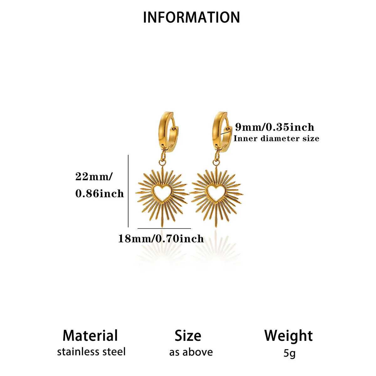 Goldfarbene Edelstahl-Ohrringe mit Sonnenstrahlen-Herz-Design, hohle Sonnen-Ohrringe, Huggie-Creolen, ästhetischer Schmuck, Geschenk für Damen – Detail 6