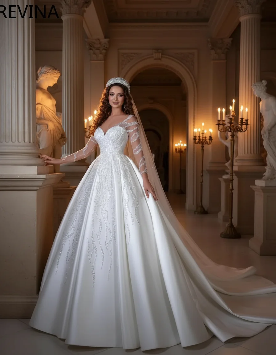 

Elegant Satin Long Sleeve Beaded Bridal Gown Sweetheart Corset Customized Tight Fit Wedding Ball Dress Vestidos De Noiva