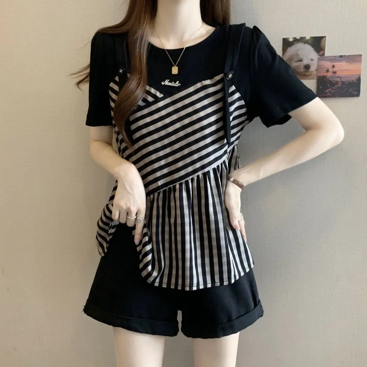 Large size women's clothing summer new commuter style loose and thin retro striped printed irregular short-sleeved t-shirt