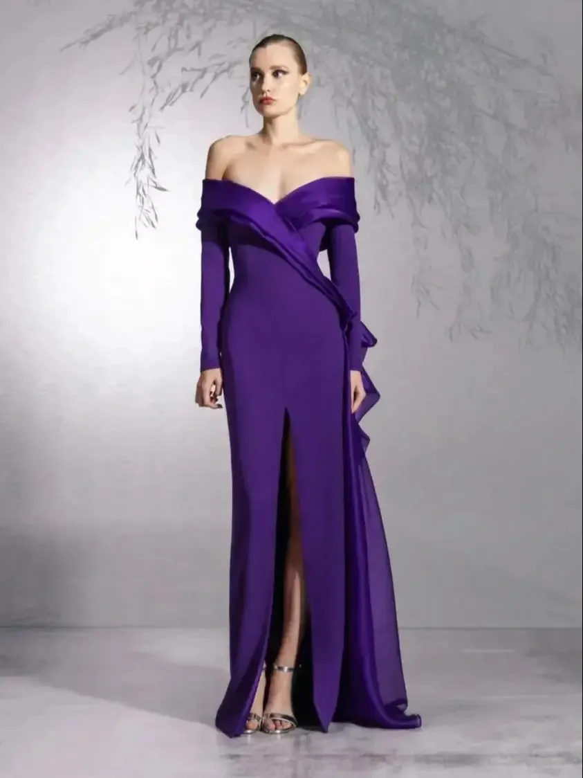 

Purple Satin Prom Dresses Mermaid Off The Shoulder Organza Back Bow Dress Evening Dress Formal Wedding Party Gowns