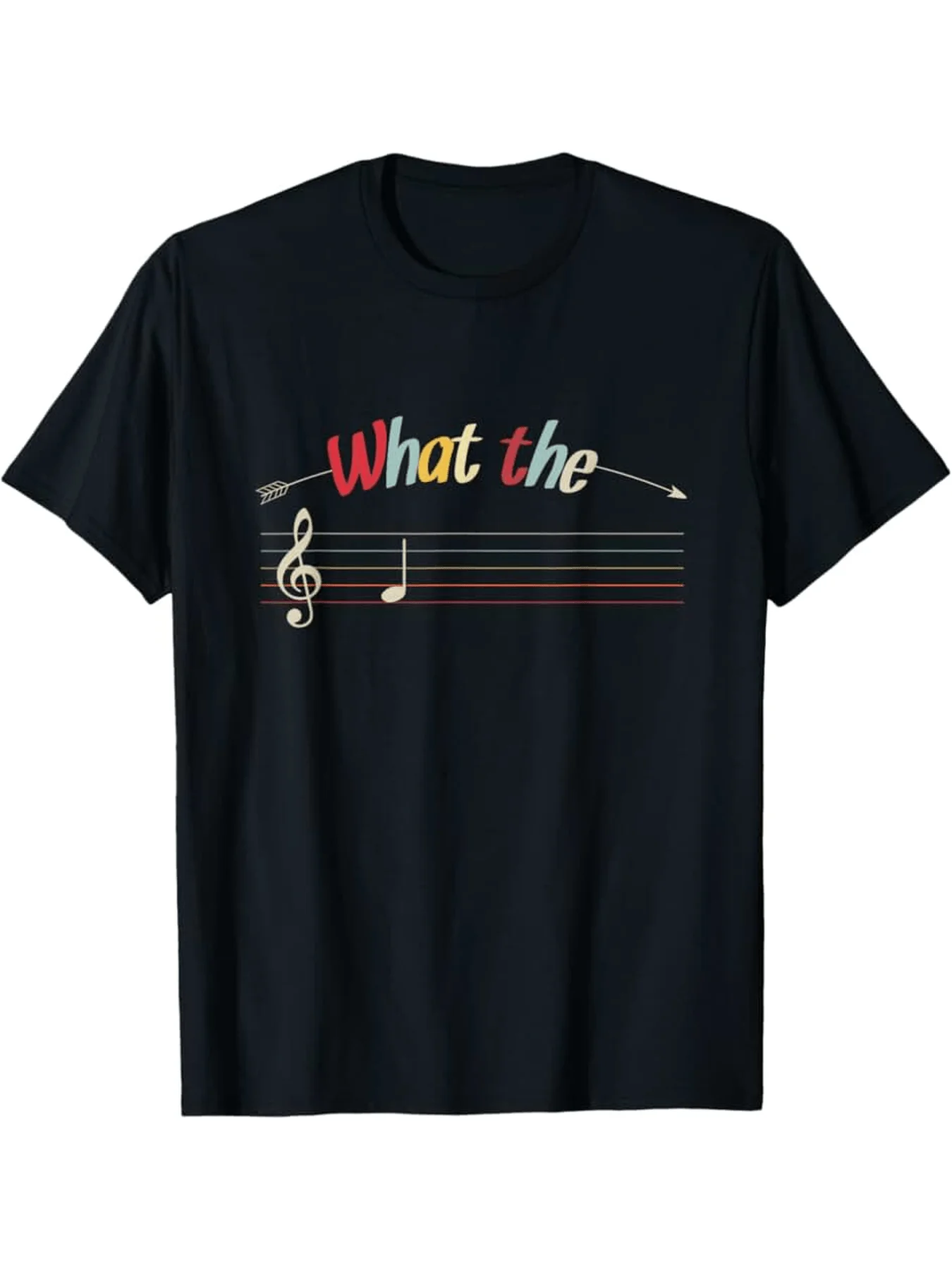 Graphic T-Shirt Featuring A Bold And Colorful Music Clef Note Design On A Black Background, Designed For Musicians And Music Ent