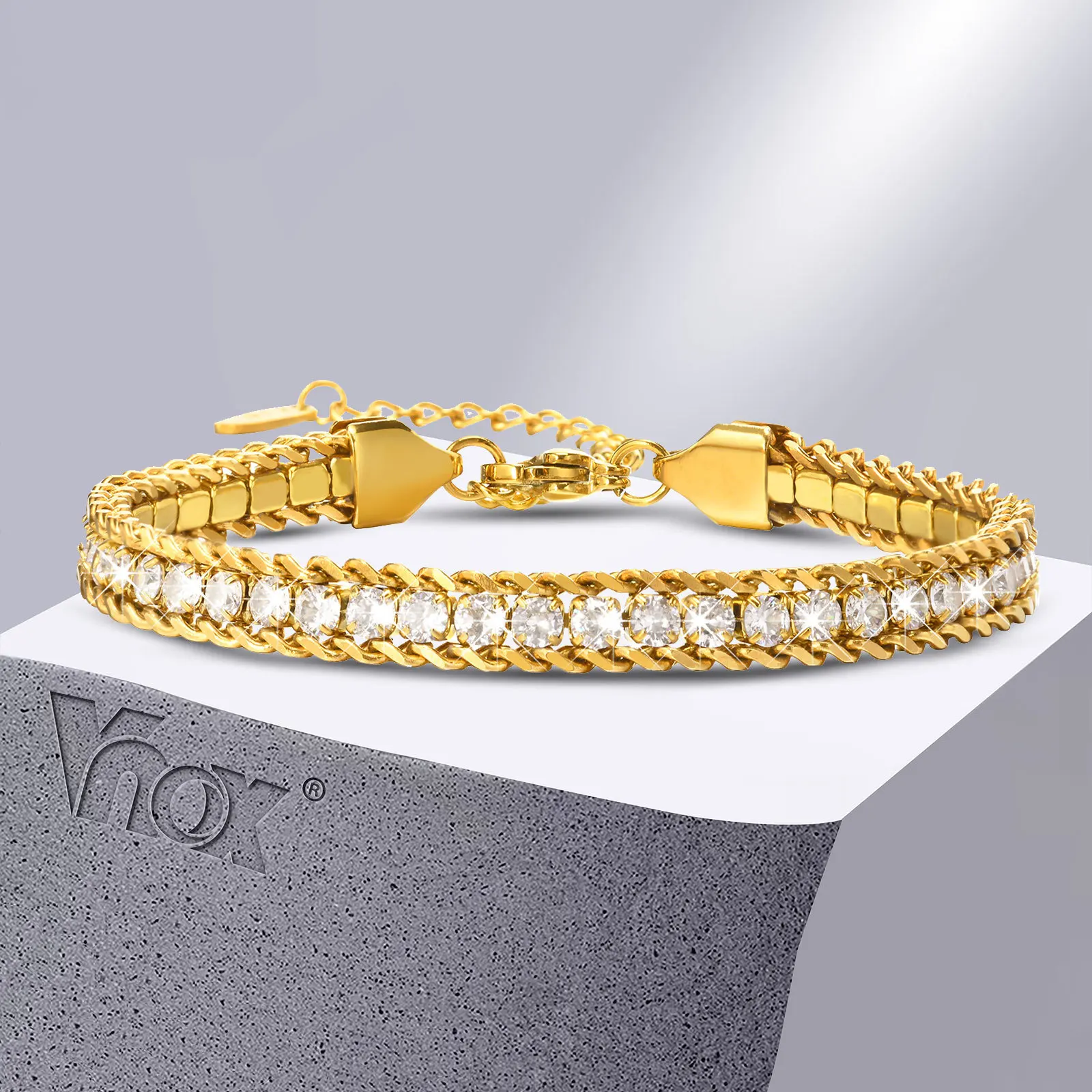 Vnox-Full Bling CZ Charbon Bracelets pour Femme, Plaqué Or, Perles de Boule en Acier Inoxydable, Bracelet Cubain, Bijoux de Vacances Délicats