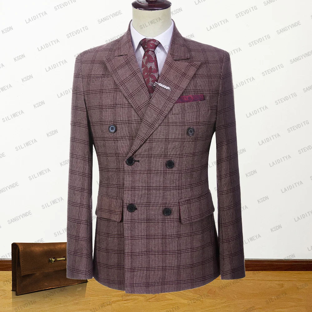 

2023 New Fashion Men Linen Casual Business Double Breasted Wine Red White Plaid Summer Wedding Formal Suit Jacket Blazers Coat